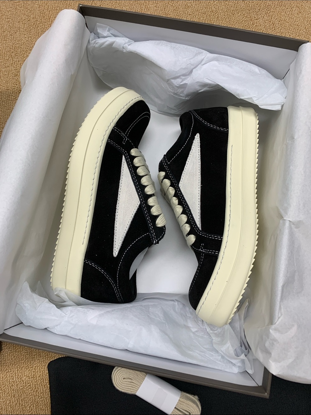 Rick Owens Black Suede Sneakers with Cream Accents